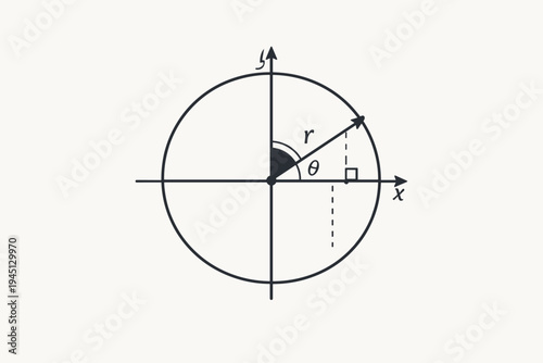 Mathematical Trigonometry Unit Circle Diagram with Radius r and Angle Theta on Cartesian Coordinate System. Simple Flat Vector Illustration for Education, Science, Geometry, and School Lessons.