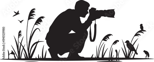 Black silhouette of photographer taking among reeds and birds