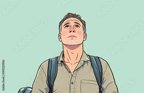 A man stands with a backpack looking upwards, deep in thought. The background is plain and light, allowing the focus to be on him.