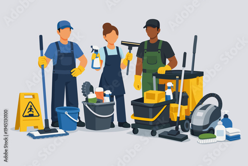 Professional cleaning service team with janitorial equipment including vacuum, mop, bucket, and cart. Flat vector illustration of diverse cleaners in uniform with supplies on gray background.