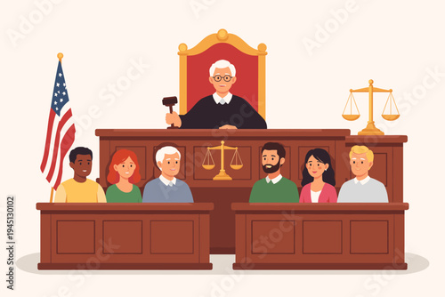 Flat vector illustration of a courtroom scene featuring a judge with a gavel and a diverse jury. Legal trial concept with scales of justice, American flag, and law enforcement representation.
