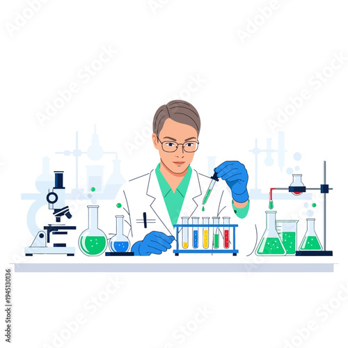 Scientist conducting experiment with test tubes and microscope in laboratory