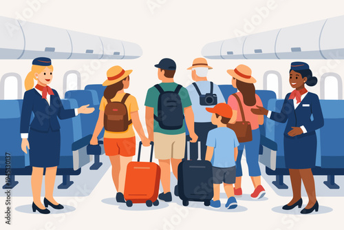 Diverse Group of Tourists and a Family Walking Down the Airplane Aisle with Luggage While Friendly Flight Attendants in Uniform Welcome Them Onboard, Flat Vector Illustration of Air Travel Concept