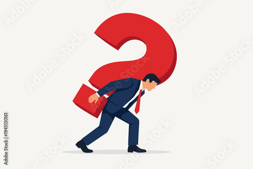 Businessman in a suit carrying a heavy red question mark on his back, symbolizing the burden of uncertainty, complex business problems, stress, and searching for answers in a flat vector style