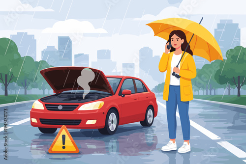 Flat vector illustration of a woman in a yellow raincoat and umbrella calling for roadside assistance after her red car broke down on a rainy city road with smoke coming from the engine.