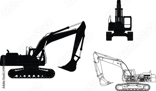 Set of Three Excavator Silhouettes Showing Multiple Views for Heavy Construction Machinery Engineering and Building Design Projects