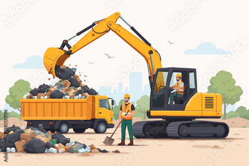 Waste Management Concept with Workers Operating an Excavator and Dump Truck to Clear Garbage and Trash at a Landfill Site, Flat Vector Illustration for Environmental Conservation and Cleanup