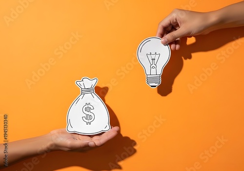 Hands holding paper cutouts of a money bag and a light bulb on an orange background representing investment in ideas, business innovation, and financial growth concept
