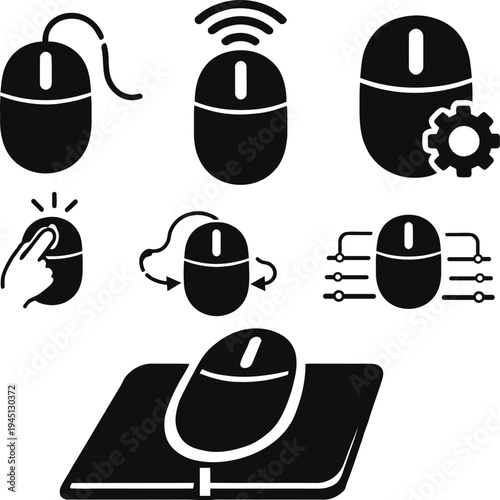 Computer mouse icon set including wired mouse, wireless mouse signal, mouse settings gear, click action, cloud connection and gaming mouse pad symbol. Perfect for computer hardware, technology interfa