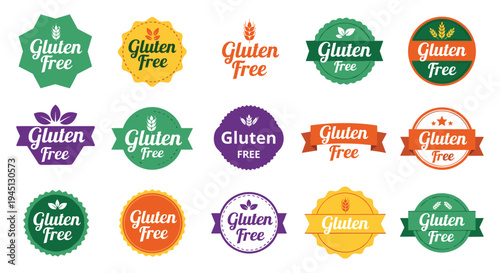 Gluten free badge design collection featuring food packaging labels, healthy lifestyle icons, dietary branding graphics, organic product certification, flat vector illustration