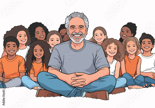 Children sit around a man in a casual setting. Everyone is smiling and enjoying their time outdoors together.