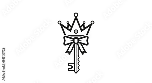 Elegant Crowned Key with Decorative Bow Line Art Illustration