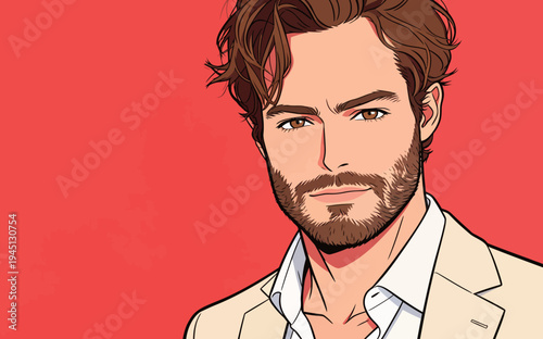 A man stands facing the camera with a slight smile. He has brown hair and a beard. The background is red. The man wears a light suit and shirt.