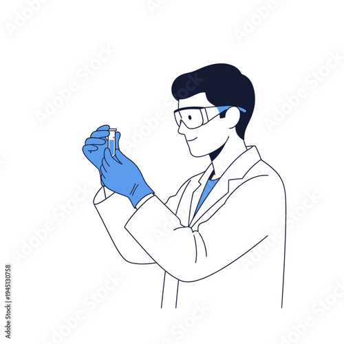 Scientist in lab coat and goggles holding test tube with blue liquid, conducting experiment