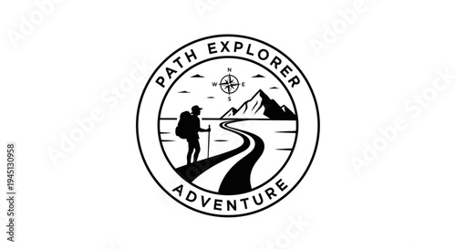 Hiking Adventure Logo with Mountain Path and Explorer Silhouette