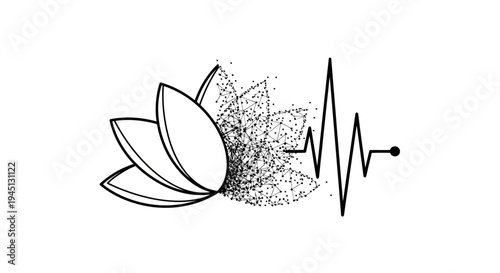Minimalist Lotus Flower and Heartbeat Line Art for Wellness and Health Concept