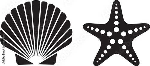 Black silhouette starfish and seashell white