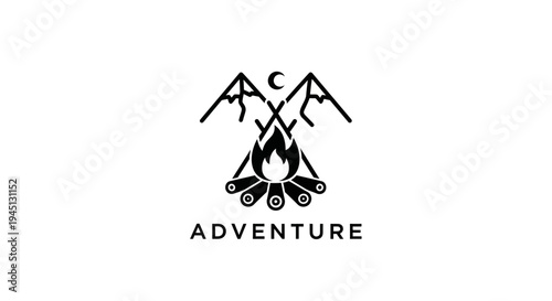 Minimalist Mountain Campfire Adventure Logo Design with Crescent Moon