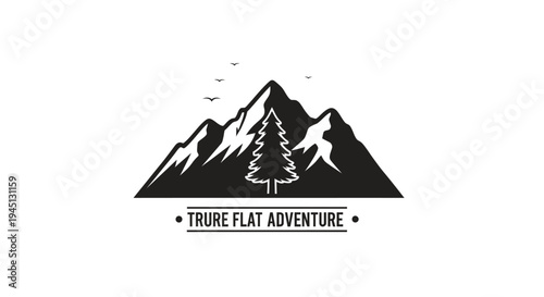 Minimalist mountain adventure logo with pine tree silhouette and flying birds