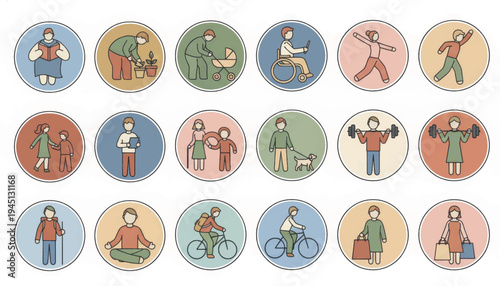 Inclusive people and lifestyle icon set. Diverse characters engaged in everyday activities. Flat line art vector illustration