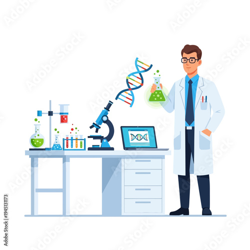 Scientist in Lab Coat Holding Flask with DNA Model and Microscope on Desk