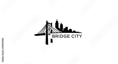 Modern Urban City Skyline and Suspension Bridge Silhouette Vector Icon