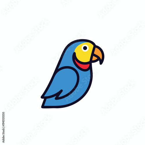 A cartoon blue parrot with yellow face, orange beak, and red throat