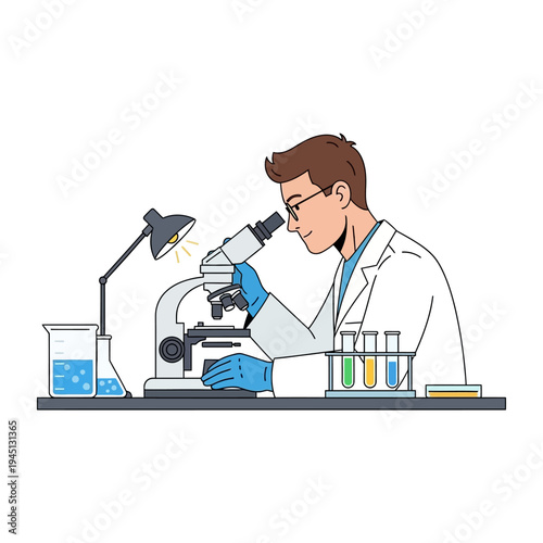 Scientist in lab coat using microscope, conducting research with test tubes and beakers