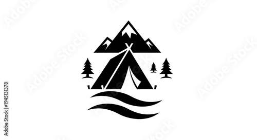 Outdoor Camping Adventure Logo with Mountains, Tent, Trees, and Water Waves Silhouette