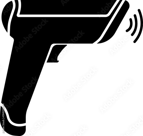 QR code scanner icon in black flat style featuring barcode reader, scanning device, digital sensor, POS technology, retail equipment and automation synonym elements for payment systems