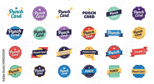 Punch card badge design collection featuring loyalty program labels, promotional branding icons, colorful typography graphics, reward system design, flat vector illustration