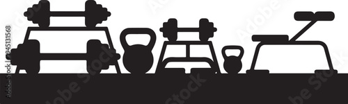 Black silhouettes of dumbbells and kettlebells on exercise benches