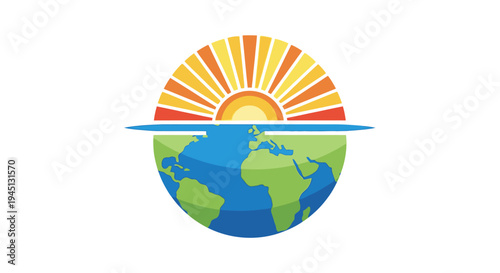 Globe with Sunrise and Water Illustration.