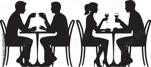 Black silhouettes of four people sitting at two tables drinking wine