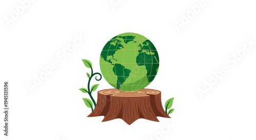 Globe on Tree Stump with Leaves.