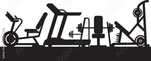 Black silhouettes of gym equipment exercise fitness