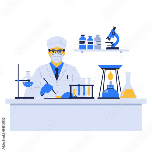 Scientist in lab coat working with test tubes and microscope, conducting research