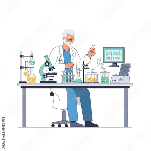Scientist in Lab Coat Working with Test Tubes and Microscope, Conducting Research