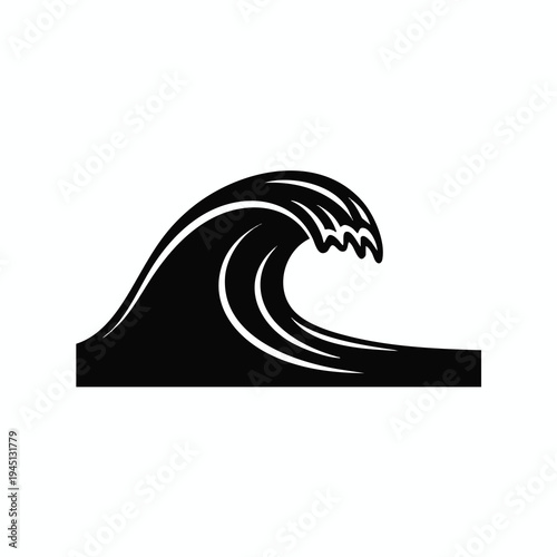 Bold black silhouette of a breaking wave with white highlights