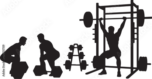 Black silhouettes of men lifting weights weightlifting