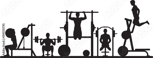 Black silhouettes of people exercising on gym equipment