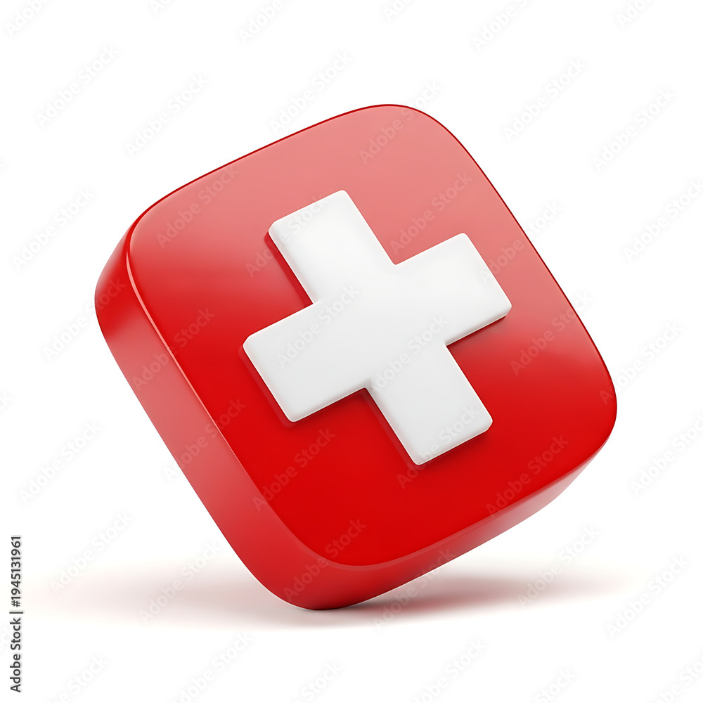 Fototapeta premium Red 3D plus sign icon on a glossy surface.