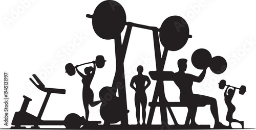 Black silhouettes of people exercising with weights and equipment