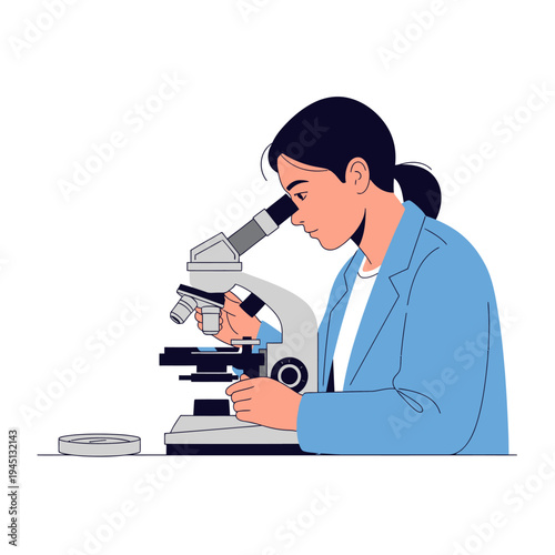 Scientist looking through microscope, conducting research in laboratory, close-up view