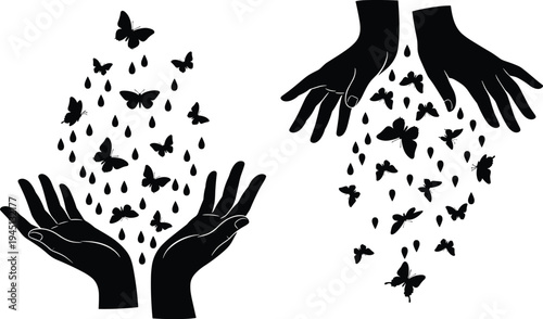 Hands releasing butterflies silhouette, transformation art illustration, emotional exchange design, symbolic concept figure, giving receiving cycle, black and white background