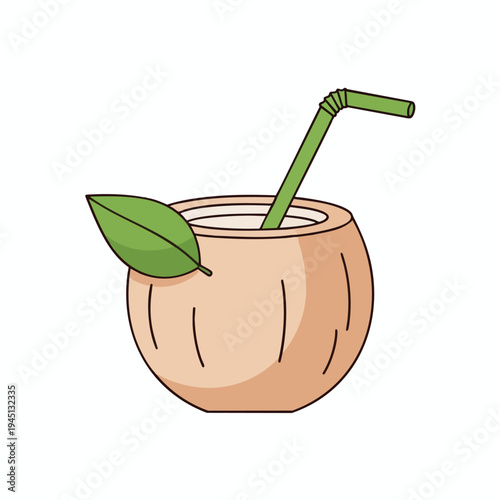 Simplified illustration of a stylized coconut with a green straw and leaf