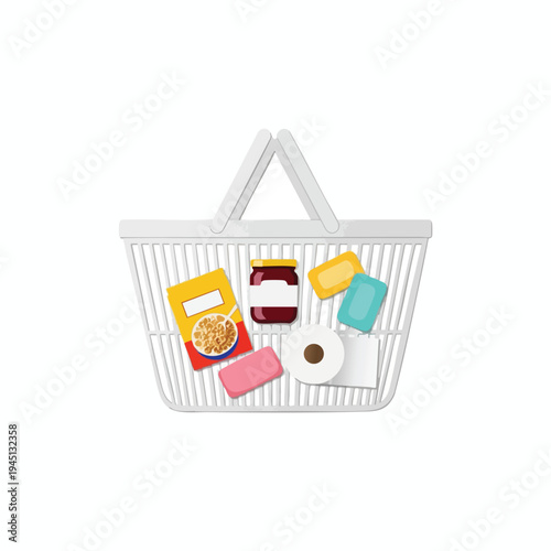 White shopping basket filled with groceries like cereal, jam, soap, and toilet paper