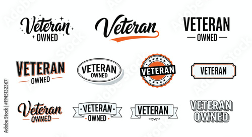Veteran Owned logo collection, military business branding, patriotic typography badges, star banner designs, bold lettering styles, flat vector illustration