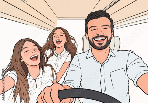 Two people smile and laugh in the front seats of a car while driving. They seem to have a fun time together on a trip.