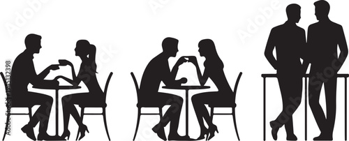 Black silhouettes of people sitting at tables and standing
